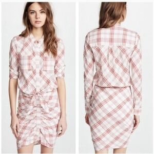 Veronica Beard Della Plaid Ruched Dress White Pink Tie Front Shirt Dress Size 4